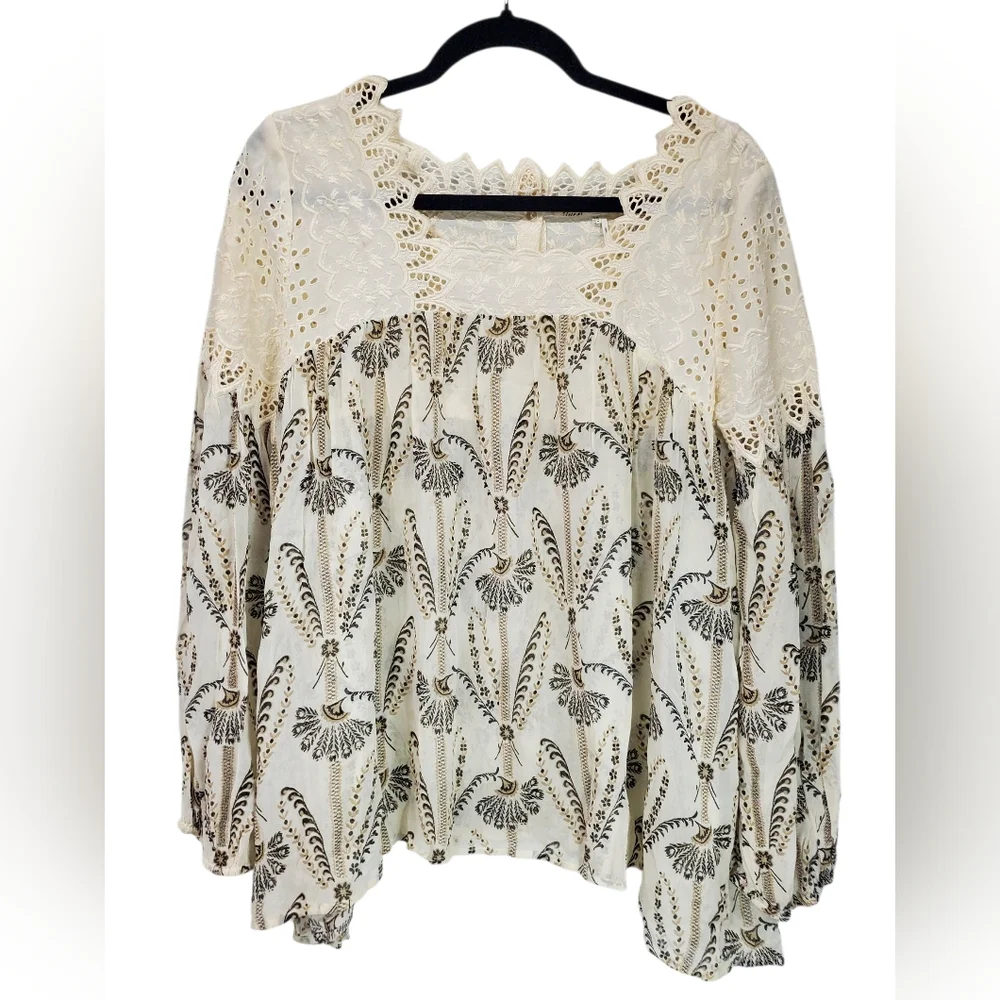 Floreat Cream Lace Yoke Floral Peasant Blouse - Picture 1 of 6
